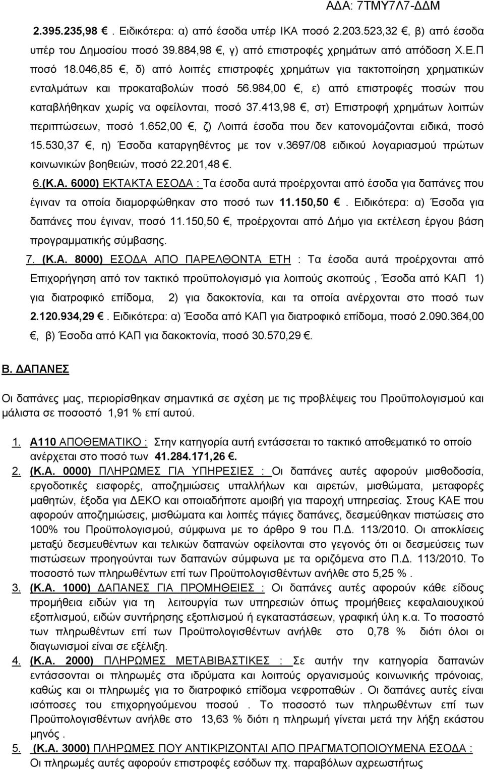 413,98, στ) Επιστροφή χρημάτων λοιπών περιπτώσεων, ποσό 1.652,00, ζ) Λοιπά έσοδα που δεν κατονομάζονται ειδικά, ποσό 15.530,37, η) Έσοδα καταργηθέντος με τον ν.