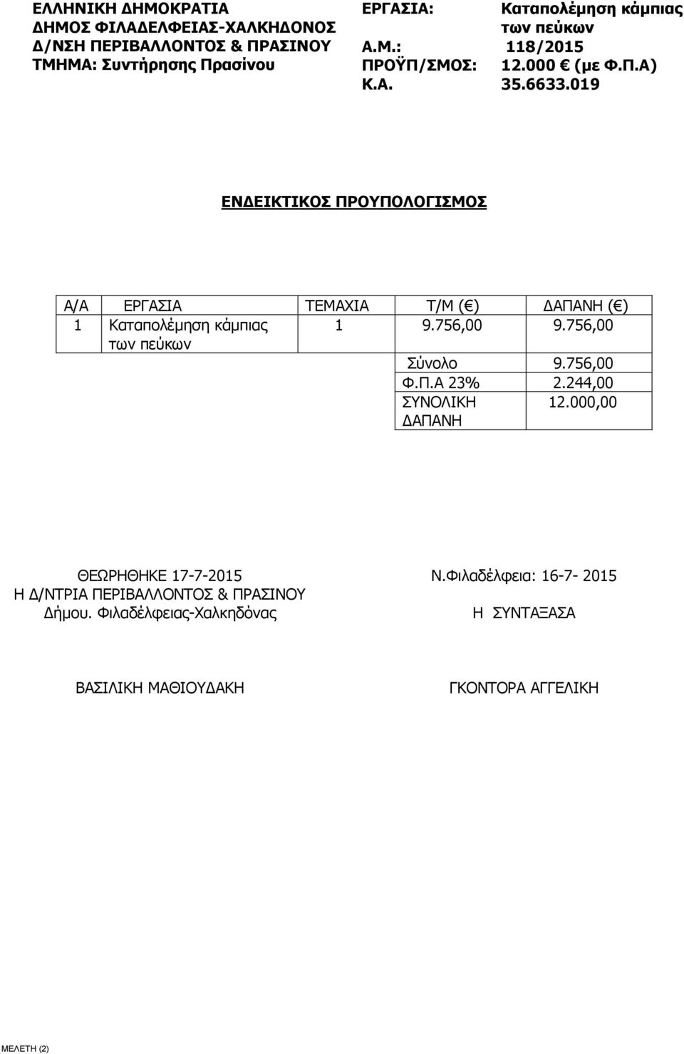 019 ΕΝΔΕΙΚΤΙΚΟΣ ΠΡΟΥΠΟΛΟΓΙΣΜΟΣ Α/Α ΕΡΓΑΣΙΑ ΤΕΜΑΧΙΑ Τ/Μ ( ) ΔΑΠΑΝΗ ( ) 1 Καταπολέμηση κάμπιας 1 9.756,00 9.756,00 των πεύκων Σύνολο 9.