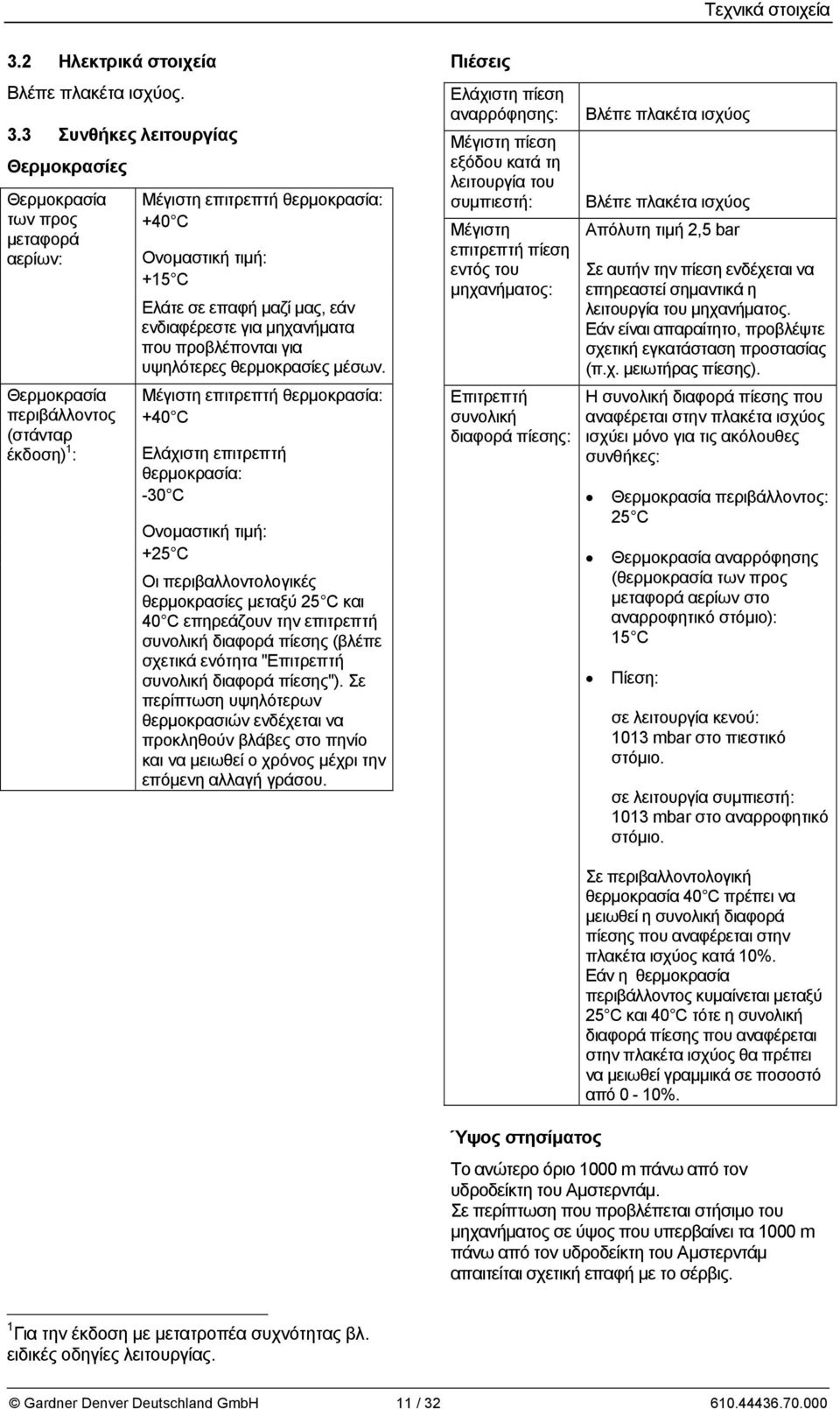 3 Συνθήκες λειτουργίας Θερμοκρασίες Θερμοκρασία των προς μεταφορά αερίων: Θερμοκρασία περιβάλλοντος (στάνταρ έκδοση) 1 : Μέγιστη επιτρεπτή θερμοκρασία: +40 C Ονομαστική τιμή: +15 C Ελάτε σε επαφή