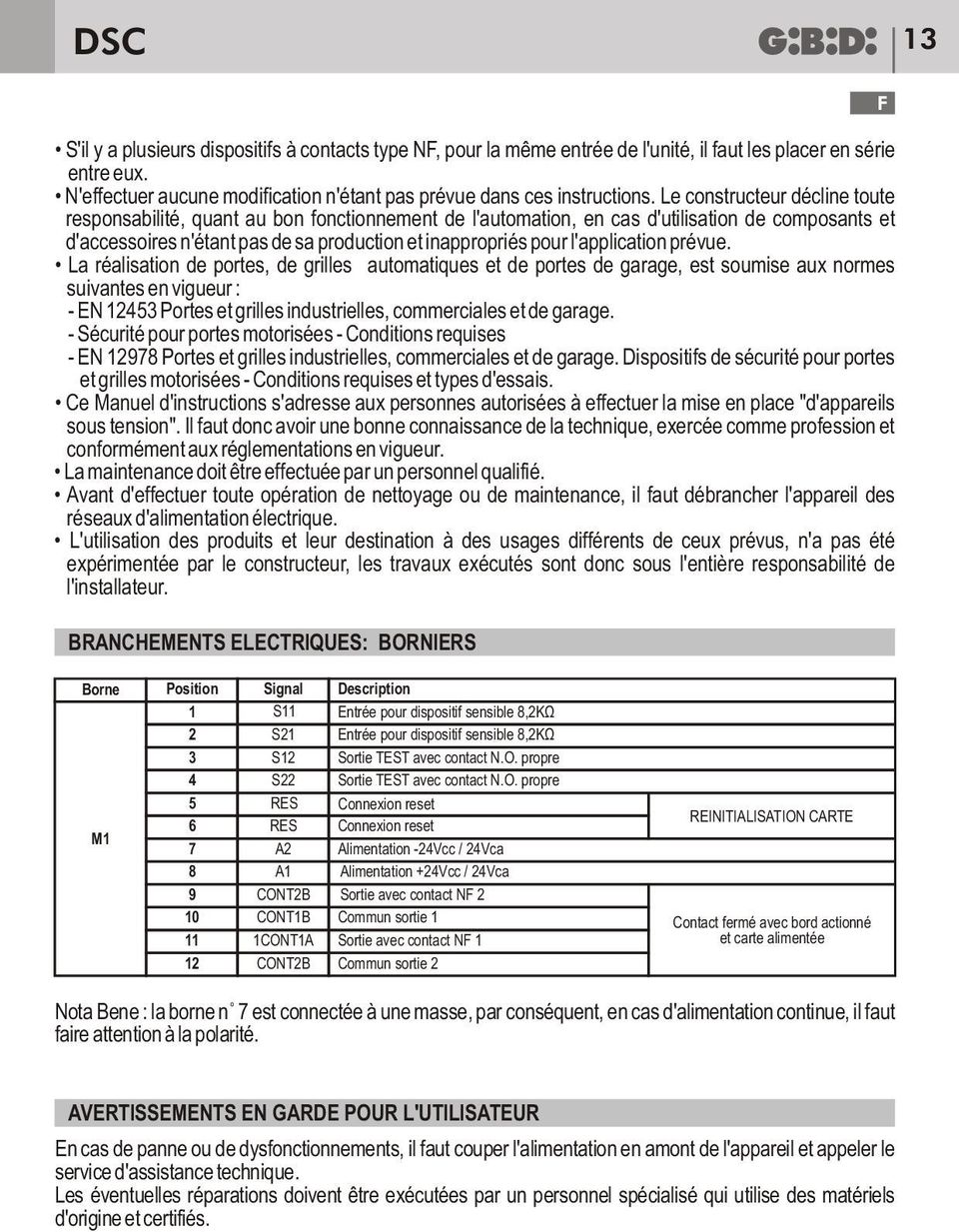 Le constructeur décline toute responsabilité, quant au bon fonctionnement de l'automation, en cas d'utilisation de composants et d'accessoires n'étant pas de sa production et inappropriés pour