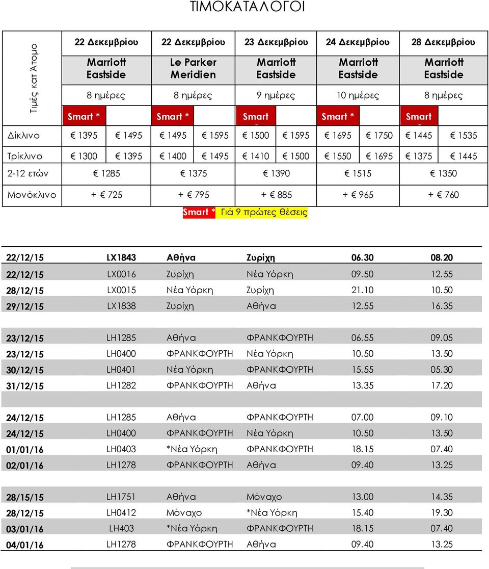 ετών 1285 1375 1390 1515 1350 Μονόκλινο + 725 + 795 + 885 + 965 + 760 Smart * Γιά 9 πρώτες θέσεις 22/12/15 LX1843 Αθήνα Ζυρίχη 06.30 08.20 22/12/15 LX0016 Ζυρίχη Νέα Υόρκη 09.50 12.