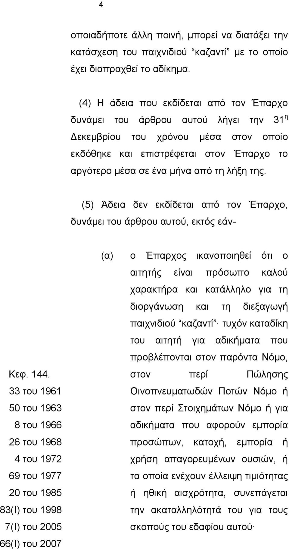 της. (5) Άδεια δεν εκδίδεται από τον Έπαρχο, δυνάμει του άρθρου αυτού, εκτός εάν- Κεφ. 144.