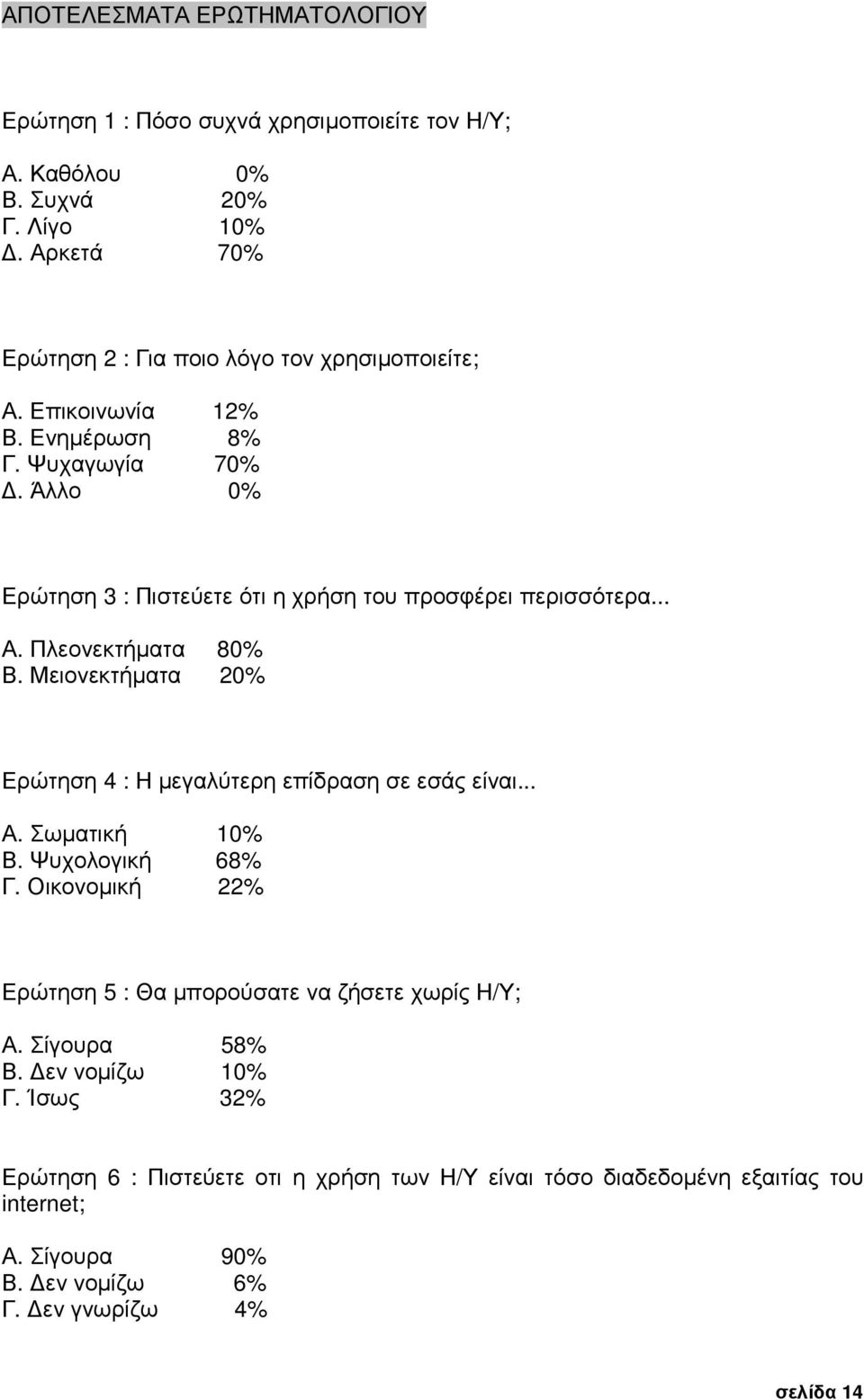 Άλλο 0% Ερώτηση 3 : Πιστεύετε ότι η χρήση του προσφέρει περισσότερα... Α. Πλεονεκτήµατα 80% Β. Μειονεκτήµατα 20% Ερώτηση 4 : Η µεγαλύτερη επίδραση σε εσάς είναι... Α. Σωµατική 10% Β.