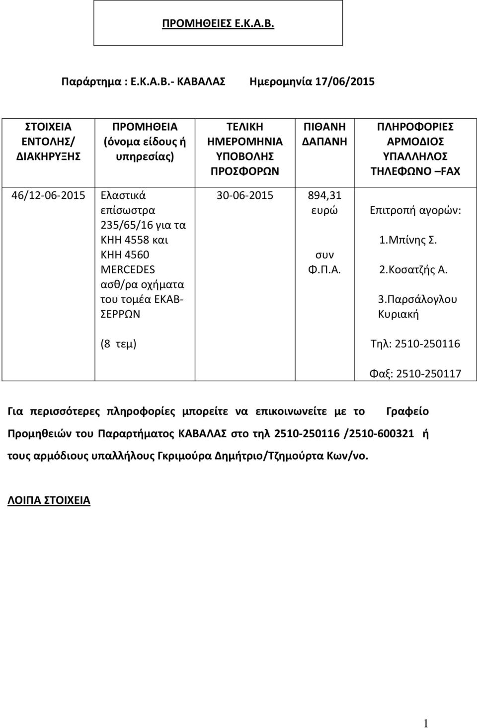 - ΚΑΒΑΛΑΣ Ημερομηνία 17/06/2015 ΣΤΟΙΧΕΙΑ ΕΝΤΟΛΗΣ/ ΔΙΑΚΗΡΥΞΗΣ ΠΡΟΜΗΘΕΙΑ (όνομα είδους ή υπηρεσίας) ΤΕΛΙΚΗ ΗΜΕΡΟΜΗΝΙΑ ΥΠΟΒΟΛΗΣ ΠΡΟΣΦΟΡΩΝ ΠΙΘΑΝΗ ΔΑΠΑΝΗ ΠΛΗΡΟΦΟΡΙΕΣ ΑΡΜΟΔΙΟΣ