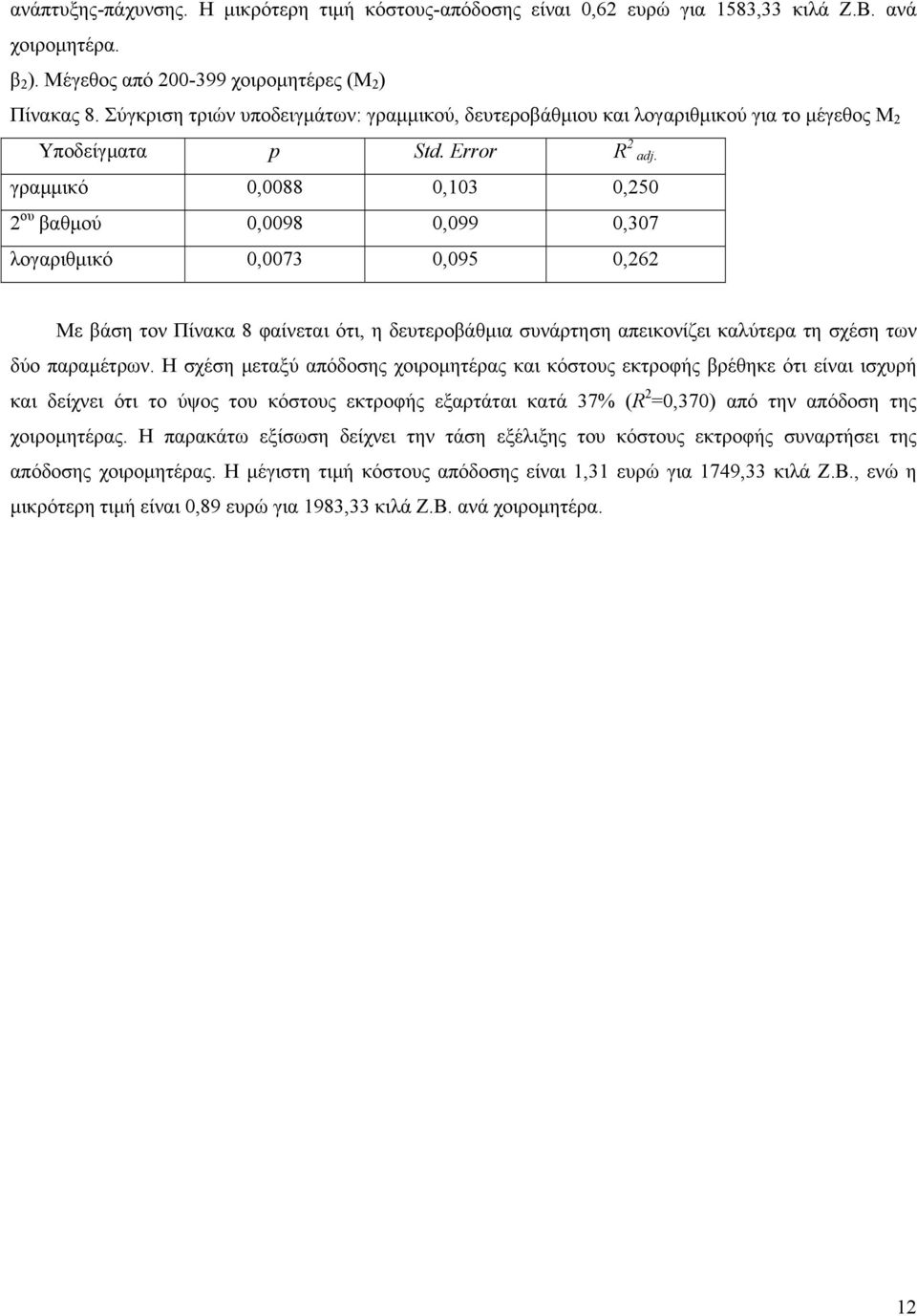 γραµµικό 0,0088 0,103 0,250 2 ου βαθµού 0,0098 0,099 0,307 λογαριθµικό 0,0073 0,095 0,262 Με βάση τον Πίνακα 8 φαίνεται ότι, η δευτεροβάθµια συνάρτηση απεικονίζει καλύτερα τη σχέση των δύο παραµέτρων.