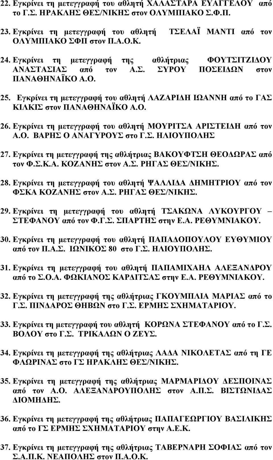 Εγκρίνει τη µετεγγραφή του αθλητή ΛΑΖΑΡΙ Η ΙΩΑΝΝΗ από το ΓΑΣ ΚΙΛΚΙΣ στον ΠΑΝΑΘΗΝΑΪΚΟ Α.Ο. 26. Εγκρίνει τη µετεγγραφή του αθλητή ΜΟΥΡΙΤΣΑ ΑΡΙΣΤΕΙ Η από τον Α.Ο. ΒΑΡΗΣ Ο ΑΝΑΓΥΡΟΥΣ στο Γ.Σ. ΗΛΙΟΥΠΟΛΗΣ 27.