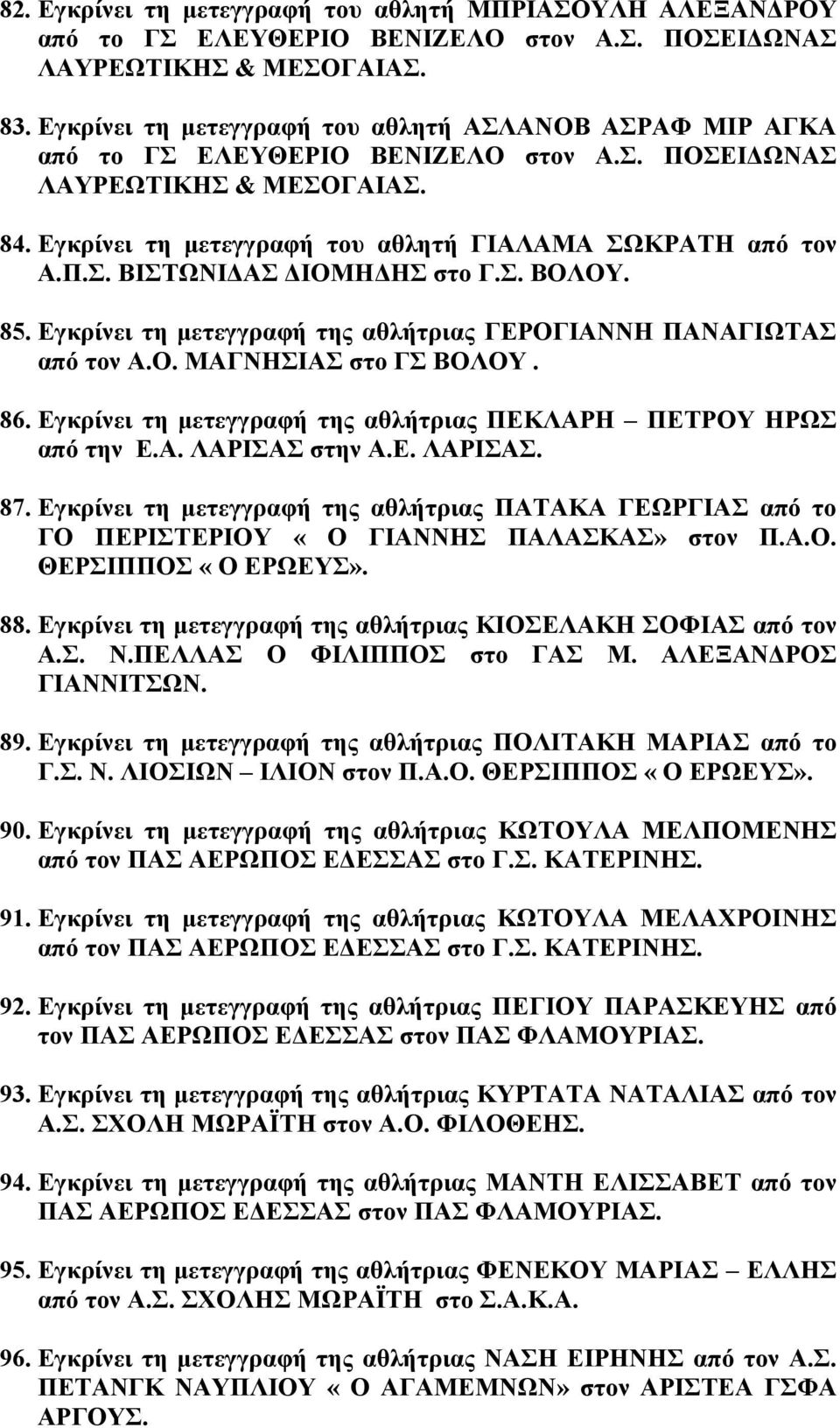 Σ. ΒΟΛΟΥ. 85. Εγκρίνει τη µετεγγραφή της αθλήτριας ΓΕΡΟΓΙΑΝΝΗ ΠΑΝΑΓΙΩΤΑΣ από τον Α.Ο. ΜΑΓΝΗΣΙΑΣ στο ΓΣ ΒΟΛΟΥ. 86. Εγκρίνει τη µετεγγραφή της αθλήτριας ΠΕΚΛΑΡΗ ΠΕΤΡΟΥ ΗΡΩΣ από την Ε.Α. ΛΑΡΙΣΑΣ στην Α.