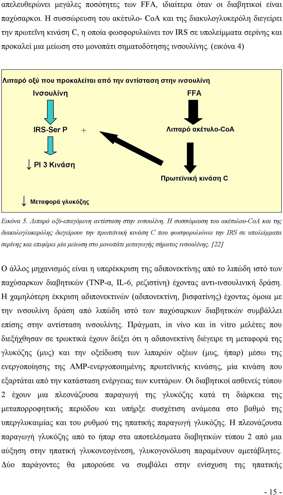 ινσουλίνης. (εικόνα 4) Λιπαρό οξύ που προκαλείται από την αντίσταση στην ινσουλίνη Ινσουλίνη FFA IRS-Ser P + Λιπαρό ακέτυλο-coa PI 3 Κινάση Πρωτεϊνική κινάση C Μεταφορά γλυκόζης Εικόνα 5.