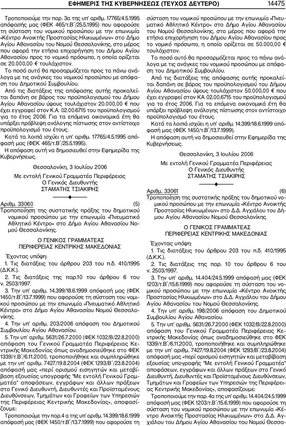 4.5.1995 απόφασής μας (ΦΕΚ 465/τ.Β /25.5.1995) που αφορούσε τη σύσταση του νομικού προσώπου με την επωνυμία «Κέντρο Ανοικτής Προστασίας Ηλικιωμένων» στο Δήμο Αγίου Αθανασίου του Νομού Θεσσαλονίκης,