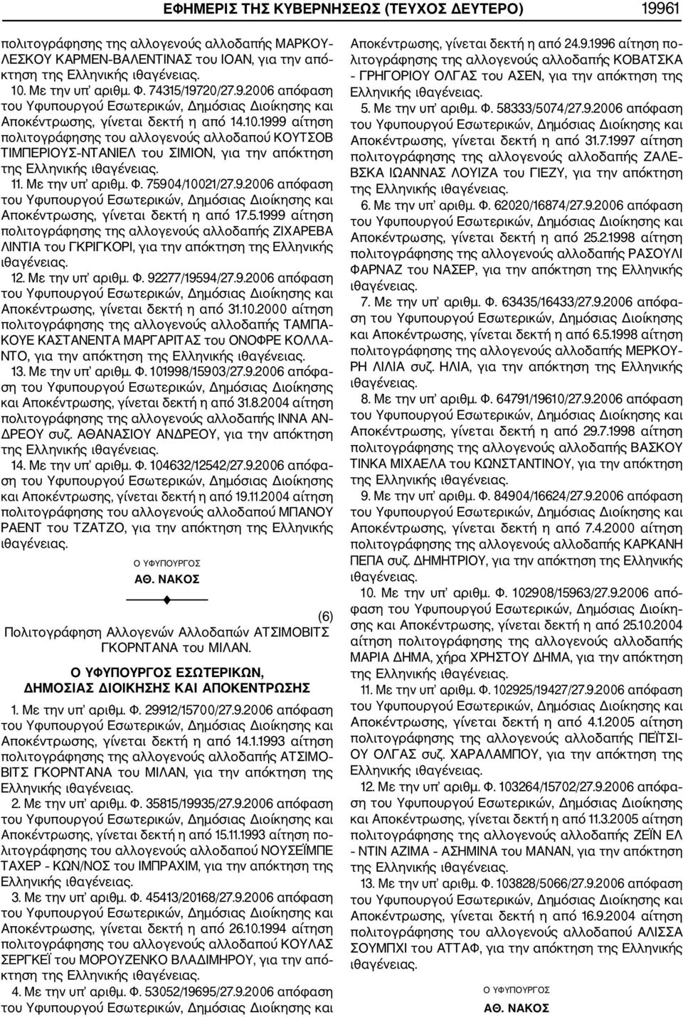 5.1999 αίτηση πολιτογράφησης της αλλογενούς αλλοδαπής ΖΙΧΑΡΕΒΑ ΛΙΝΤΙΑ του ΓΚΡΙΓΚΟΡΙ, για την απόκτηση της Ελληνικής 12. Με την υπ αριθμ. Φ. 92277/19594/27.9.2006 απόφαση Αποκέντρωσης, γίνεται δεκτή η από 31.