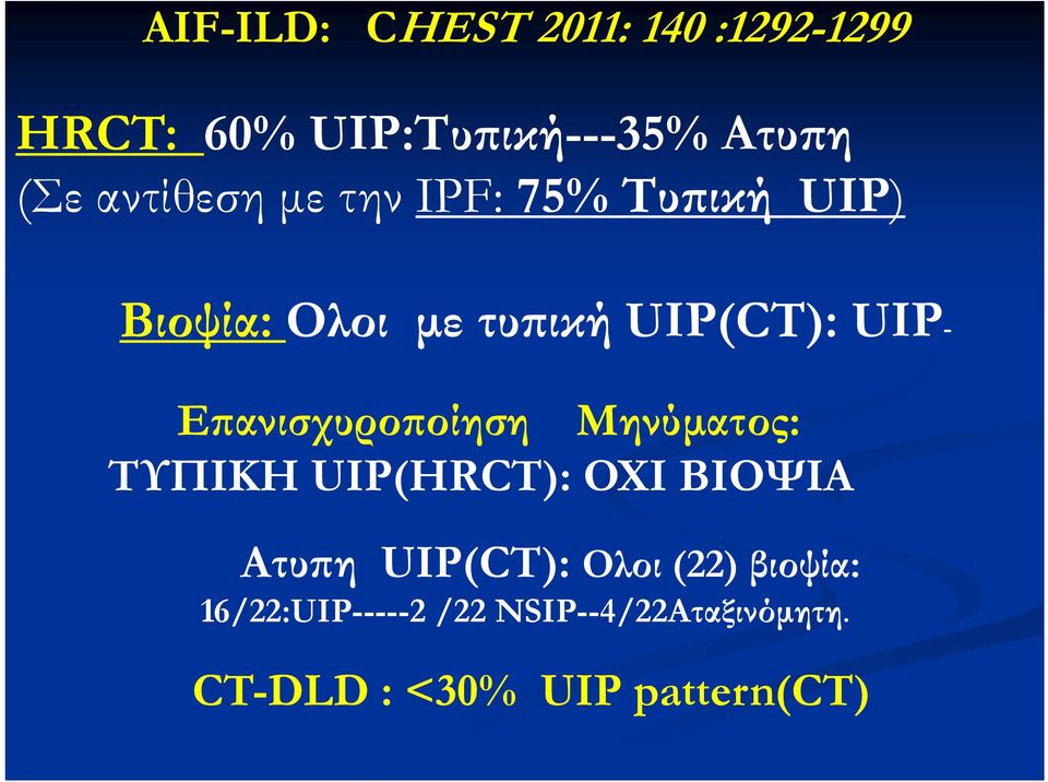 Επανισχυροποίηση Μηνύματος: ΤΥΠΙΚΗ UIP(HRCT): OXI BIOΨΙΑ Ατυπη UIP(CT): Ολοι