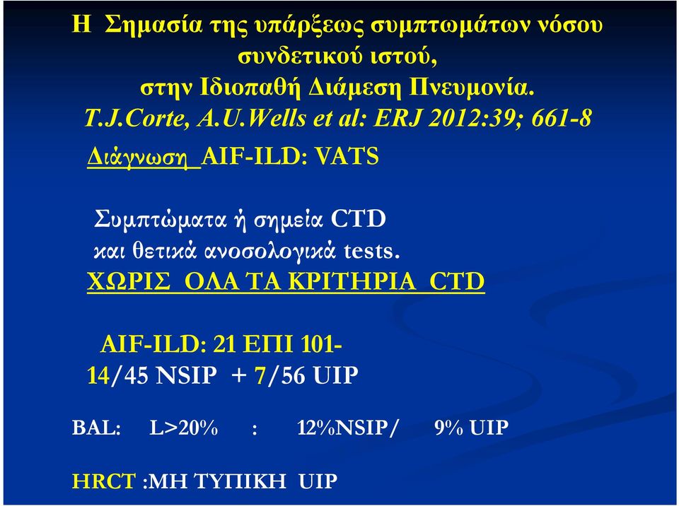 Wells et al: ERJ 2012:39; 661-8 Διάγνωση AIF-ILD: VATS Συμπτώματα ή σημεία CTD και