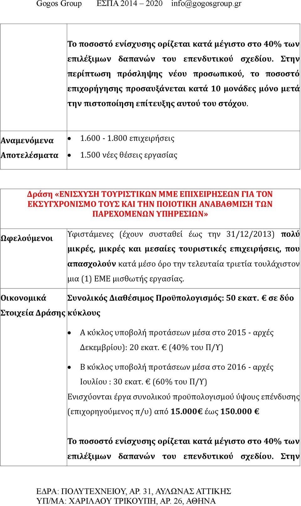 500 νε ες θε σεις εργάσι άς Δράση «ΕΝΙΣΧΥΣΗ ΤΟΥΡΙΣΤΙΚΩΝ ΜΜΕ ΕΠΙΧΕΙΡΗΣΕΩΝ ΓΙΑ ΤΟΝ ΕΚΣΥΓΧΡΟΝΙΣΜΟ ΤΟΥΣ ΚΑΙ ΤΗΝ ΠΟΙΟΤΙΚΗ ΑΝΑΒΑΘΜΙΣΗ ΤΩΝ ΠΑΡΕΧΟΜΕΝΩΝ ΥΠΗΡΕΣΙΩΝ» Υφιστά μενες (ε χουν συστάθει ε ώς την