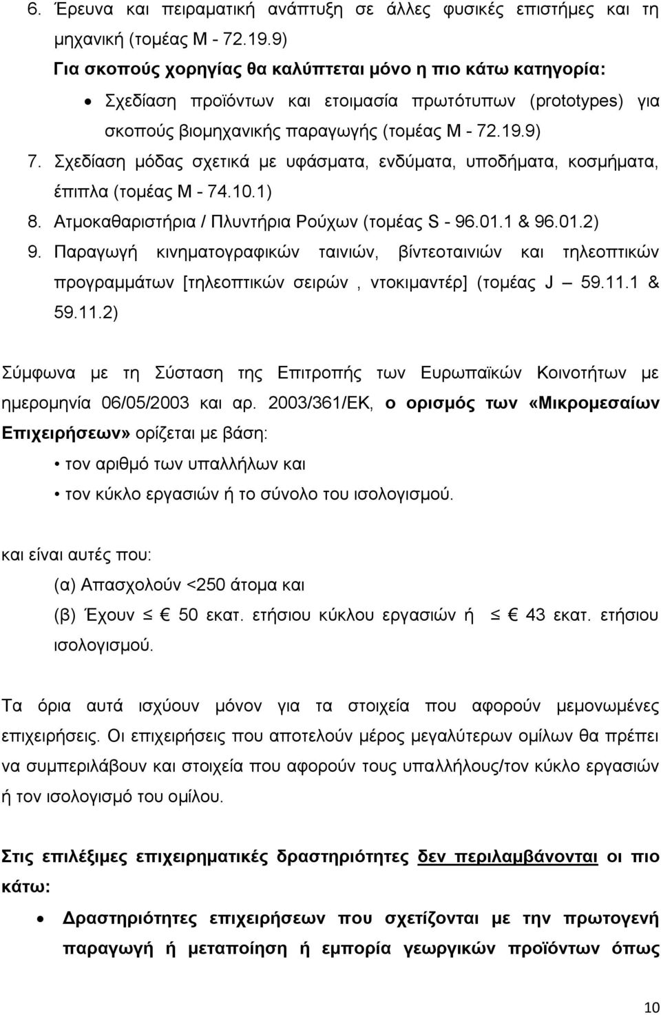 Σχεδίαση μόδας σχετικά με υφάσματα, ενδύματα, υποδήματα, κοσμήματα, έπιπλα (τομέας M - 74.10.1) 8. Ατμοκαθαριστήρια / Πλυντήρια Ρούχων (τομέας S - 96.01.1 & 96.01.2) 9.