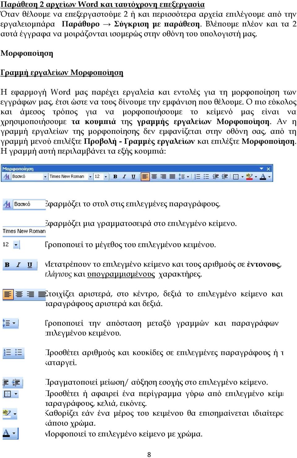 Μορφοποίηση Γραμμή εργαλείων Μορφοποίηση H εφαρμογή Word μας παρέχει εργαλεία και εντολές για τη μορφοποίηση των εγγράφων μας, έτσι ώστε να τους δίνουμε την εμφάνιση που θέλουμε.