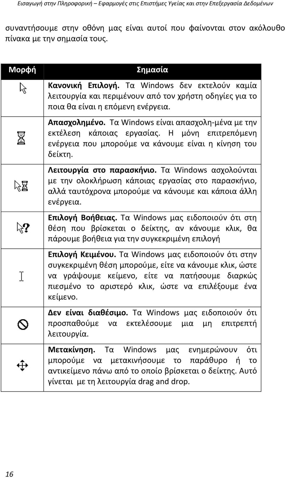 Τα Windows είναι απασχολη-μένα με την εκτέλεση κάποιας εργασίας. Η μόνη επιτρεπόμενη ενέργεια που μπορούμε να κάνουμε είναι η κίνηση του δείκτη. Λειτουργία στο παρασκήνιο.