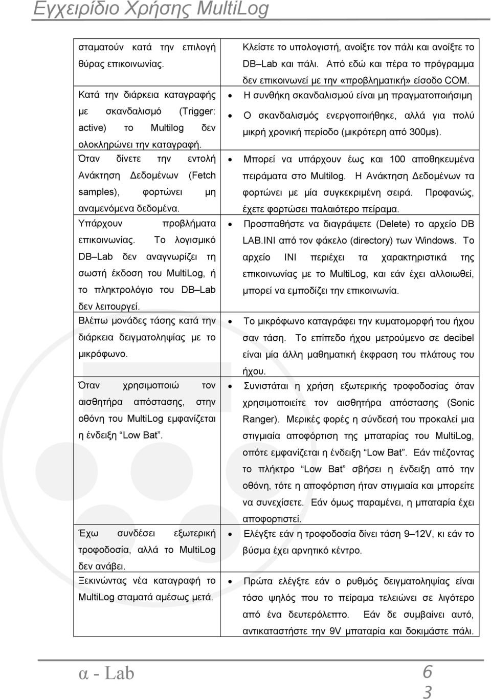 Το λογισμικό DB Lab δεν αναγνωρίζει τη σωστή έκδοση του MultiLog, ή το πληκτρολόγιο του DB Lab δεν λειτουργεί. Βλέπω μονάδες τάσης κατά την διάρκεια δειγματοληψίας με το μικρόφωνο.