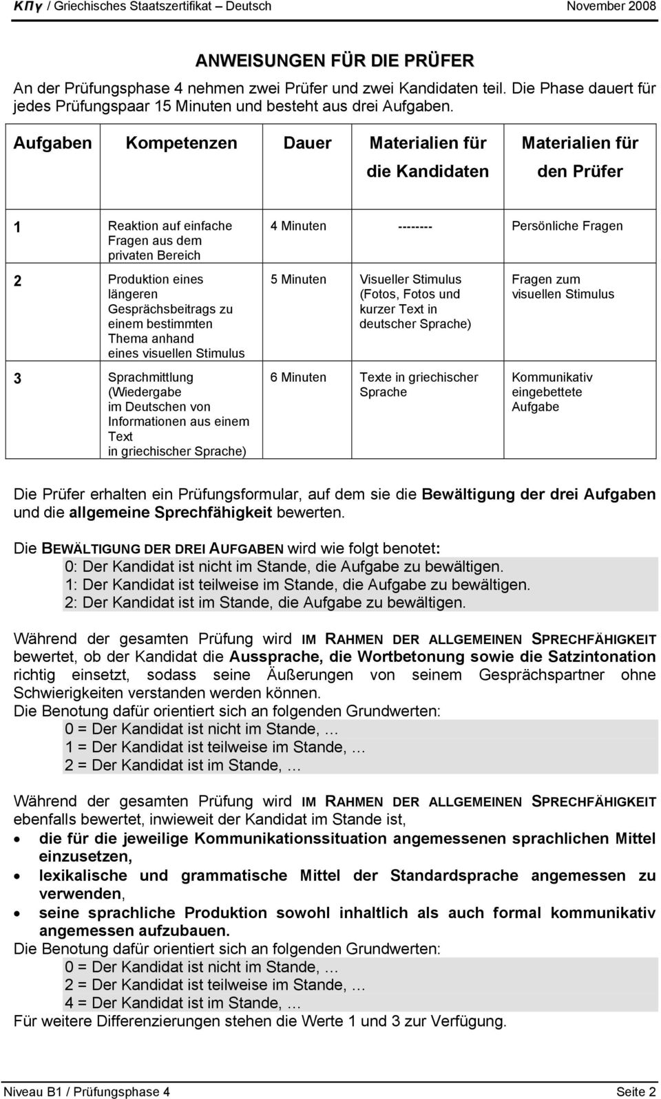 längeren Gesprächsbeitrags zu einem bestimmten Thema anhand eines visuellen Stimulus 3 Sprachmittlung (Wiedergabe im Deutschen von Informationen aus einem Text in griechischer Sprache) 5 Minuten