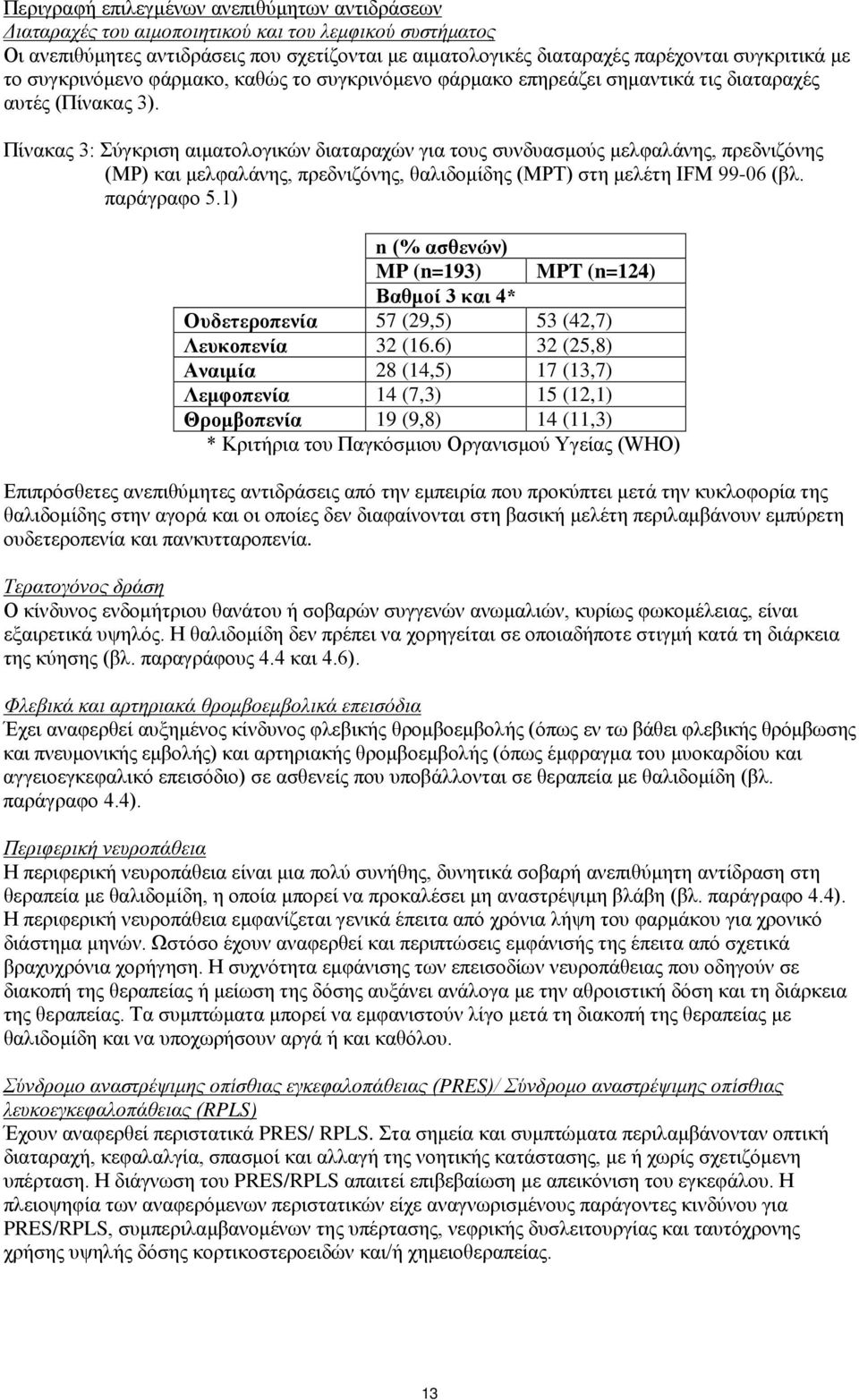 Πίνακας 3: Σύγκριση αιματολογικών διαταραχών για τους συνδυασμούς μελφαλάνης, πρεδνιζόνης (MP) και μελφαλάνης, πρεδνιζόνης, θαλιδομίδης (MPT) στη μελέτη IFM 99-06 (βλ. παράγραφο 5.