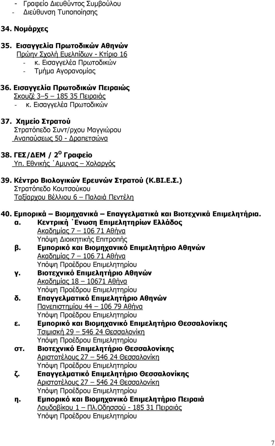 Εθνικής Αµυνας Χολαργός 39. Κέντρο Βιολογικών Ερευνών Στρατού (Κ.ΒΙ.Ε.Σ.) Στρατόπεδο Κουτσούκου Ταξίαρχου Βέλλιου 6 Παλαιά Πεντέλη 40. Εµπορικά Βιοµηχανικά Επαγγελµατικά και Βιοτεχνικά Επιµελητήρια.