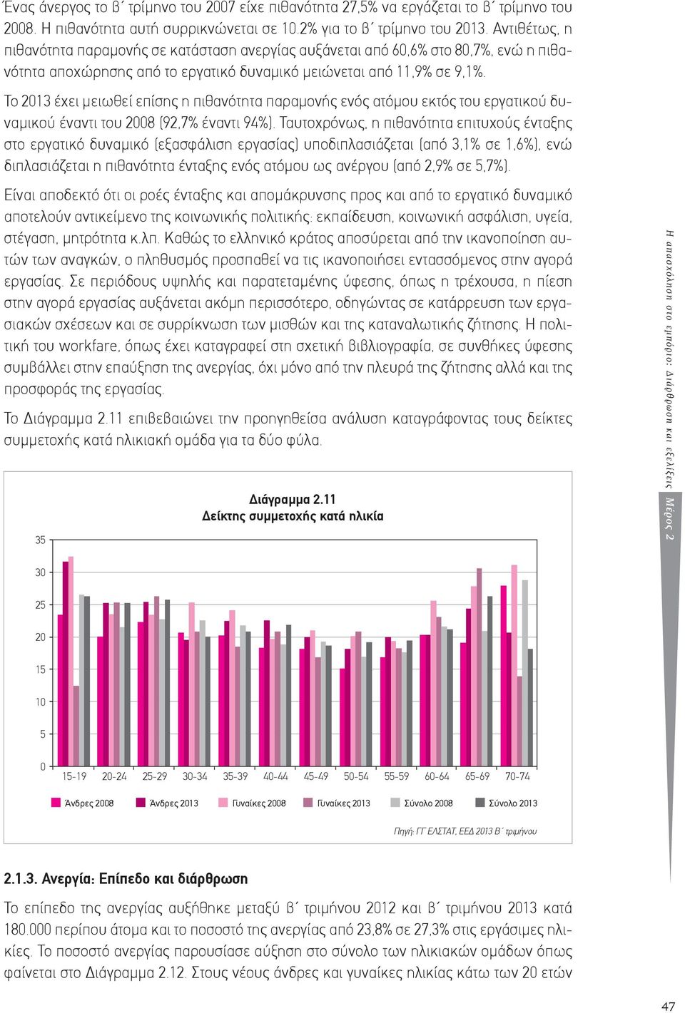 Το 2013 έχει μειωθεί επίσης η πιθανότητα παραμονής ενός ατόμου εκτός του εργατικού δυναμικού έναντι του 2008 (92,7% έναντι 94%).