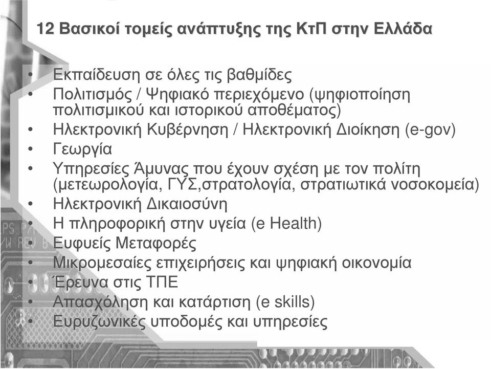 τον πολίτη (µετεωρολογία, ΓΥΣ,στρατολογία, στρατιωτικά νοσοκοµεία) Ηλεκτρονική ικαιοσύνη Η πληροφορική στην υγεία (e Health) Ευφυείς