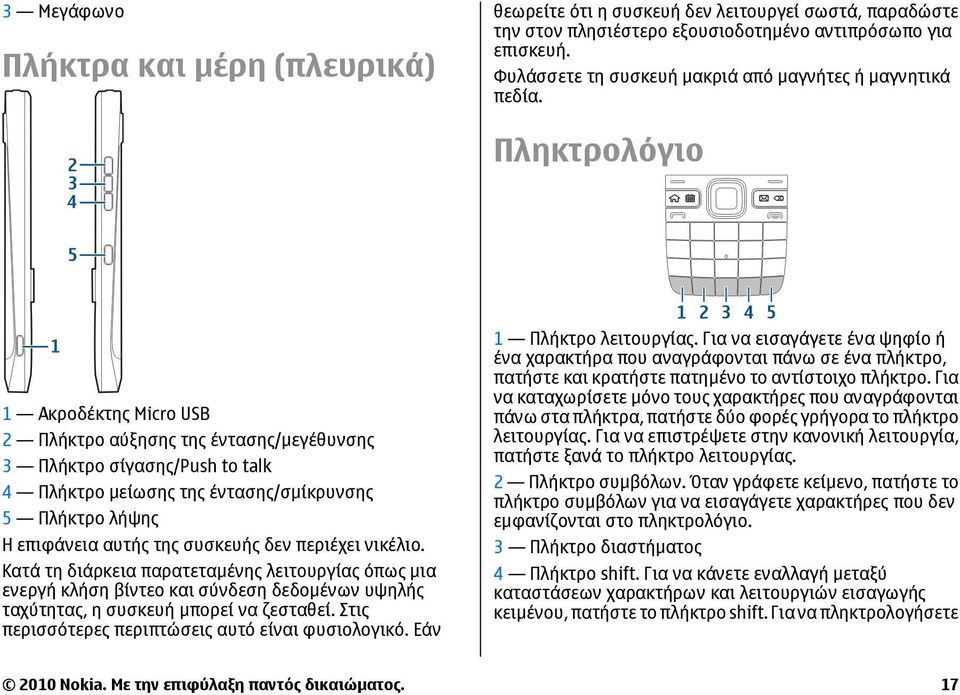 Πληκτρολόγιο 1 Ακροδέκτης Micro USB 2 Πλήκτρο αύξησης της έντασης/µεγέθυνσης 3 Πλήκτρο σίγασης/push to talk 4 Πλήκτρο µείωσης της έντασης/σµίκρυνσης 5 Πλήκτρο λήψης Η επιφάνεια αυτής της συσκευής δεν