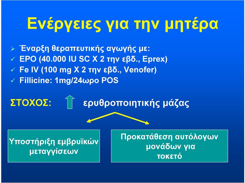 , Venofer) Fillicine: 1mg/24ωρο POS ΣΤΟΧΟΣ: ερυθροποιητικής μάζας