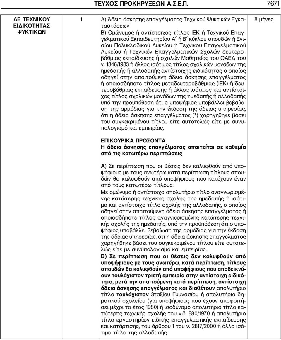 7671 ΔΕ ΤΕΧΝΙΚΟΥ ΕΙΔΙΚΟΤΗΤΑΣ ΨΥΚΤΙΚΩΝ 1 Α) Άδεια άσκησης επαγγέλματος Τεχνικού Ψυκτικών Εγκα ταστάσεων Β) Ομώνυμος ή αντίστοιχος τίτλος ΙΕΚ ή Τεχνικού Επαγ γελματικού Εκπαιδευτηρίου Α ή Β κύκλου