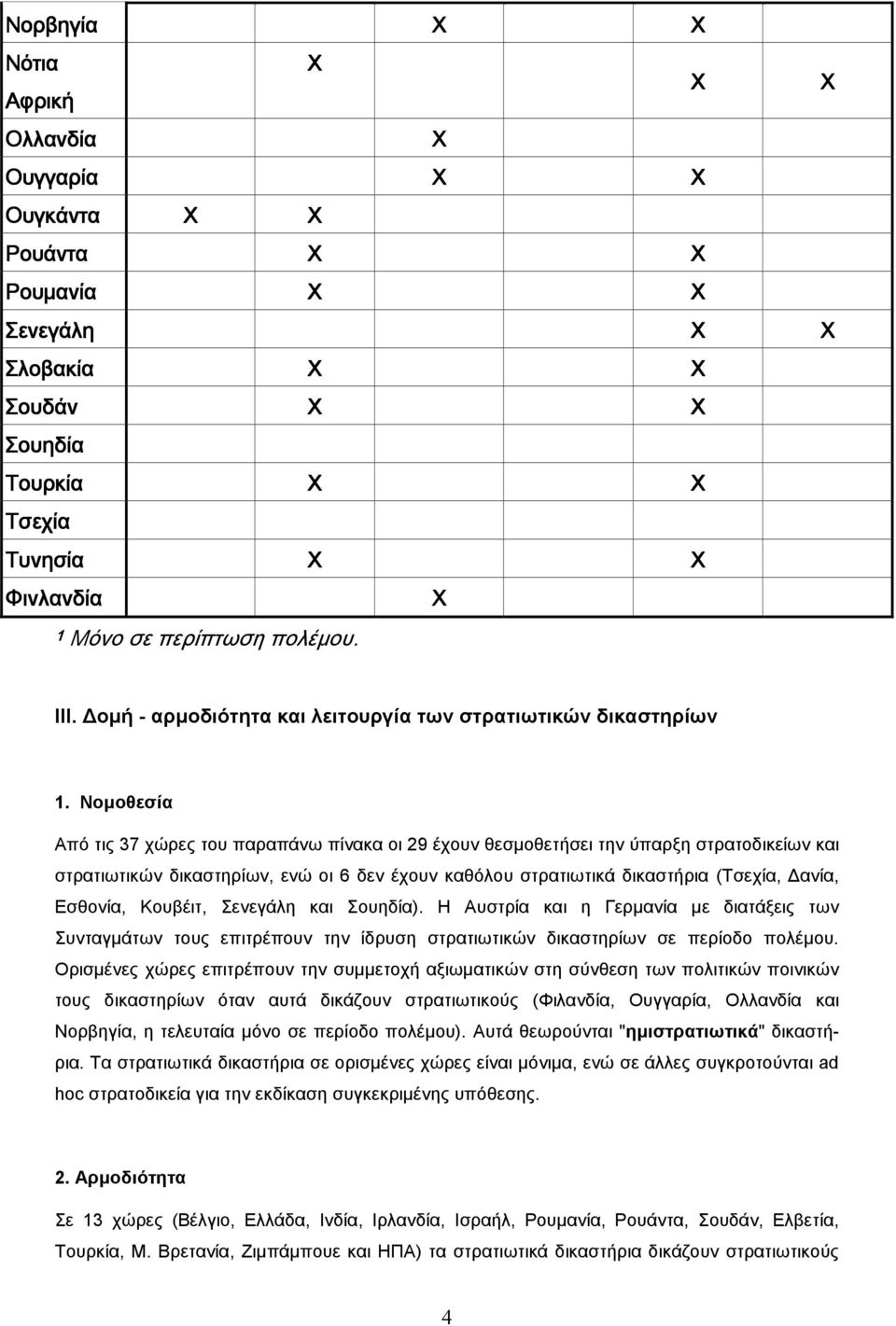 Νοµοθεσία Από τις 37 χώρες του παραπάνω πίνακα οι 29 έχουν θεσµοθετήσει την ύπαρξη στρατοδικείων και στρατιωτικών δικαστηρίων, ενώ οι 6 δεν έχουν καθόλου στρατιωτικά δικαστήρια (Τσεχία, ανία,