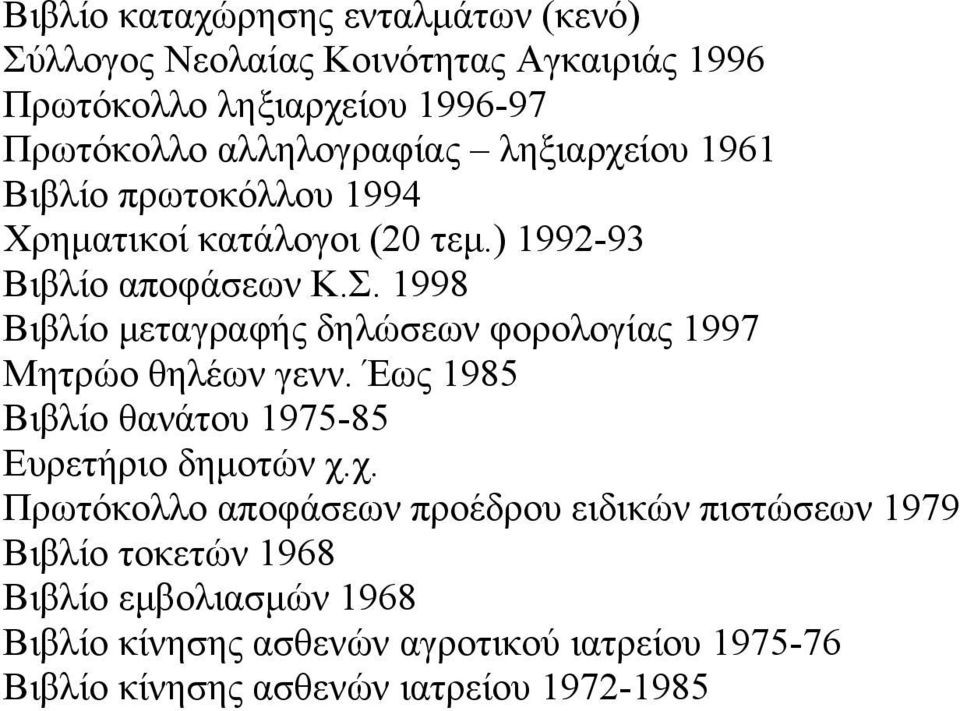 1998 Βιβλίο μεταγραφής δηλώσεων φορολογίας 1997 Μητρώο θηλέων γενν. Έως 1985 Βιβλίο θανάτου 1975-85 Ευρετήριο δημοτών χ.