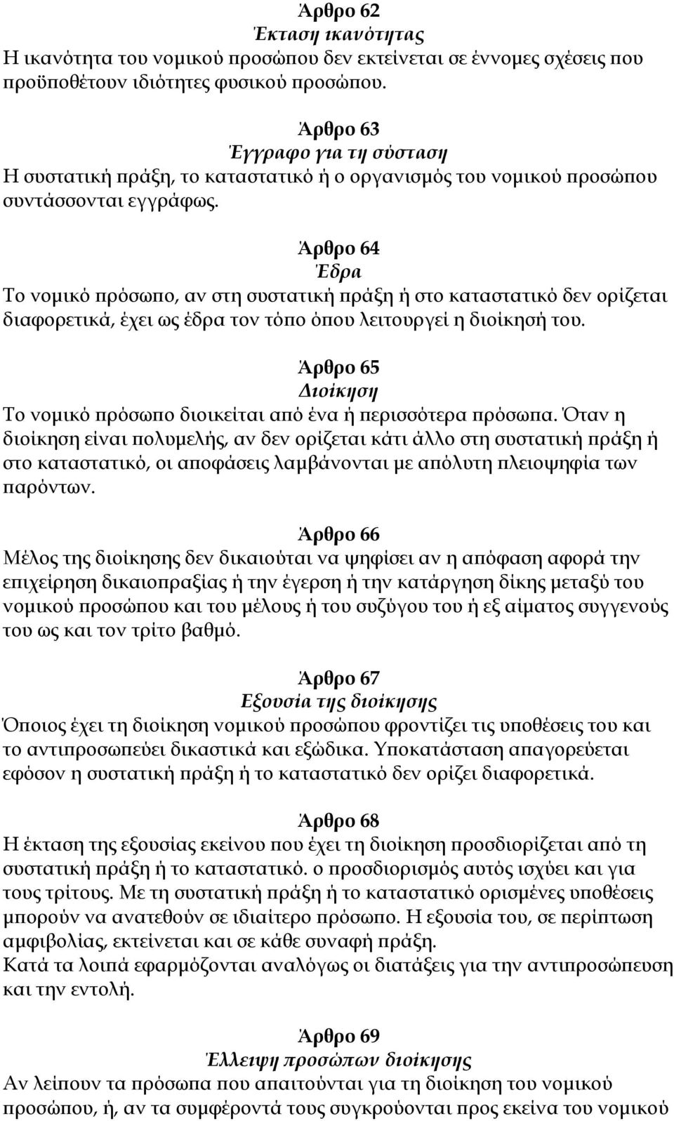 Άρθρο 64 Έδρα Το νομικό πρόσωπο, αν στη συστατική πράξη ή στο καταστατικό δεν ορίζεται διαφορετικά, έχει ως έδρα τον τόπο όπου λειτουργεί η διοίκησή του.