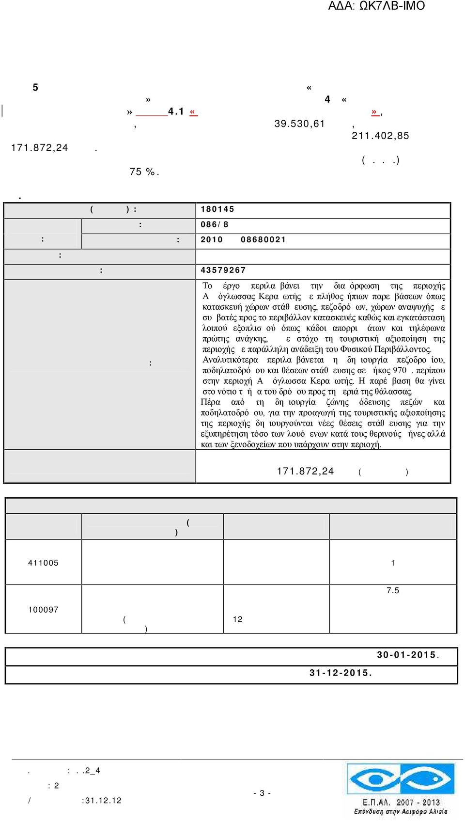 872,24ευρώ. Η Πράξη συγχρηματοδοτείται από το ΕΥΡΩΠΑΪΚΟ ΤΑΜΕΙΟ ΑΛ