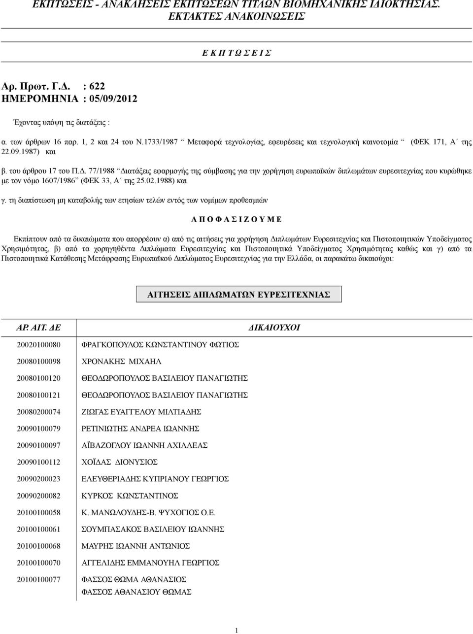 . 77/1988 ιατάξεις εφαρµογής της σύµβασης για την χορήγηση ευρωπαϊκών διπλωµάτων ευρεσιτεχνίας που κυρώθηκε µε τον νόµο 1607/1986 (ΦΕΚ 33, Α της 25.02.1988) και γ.