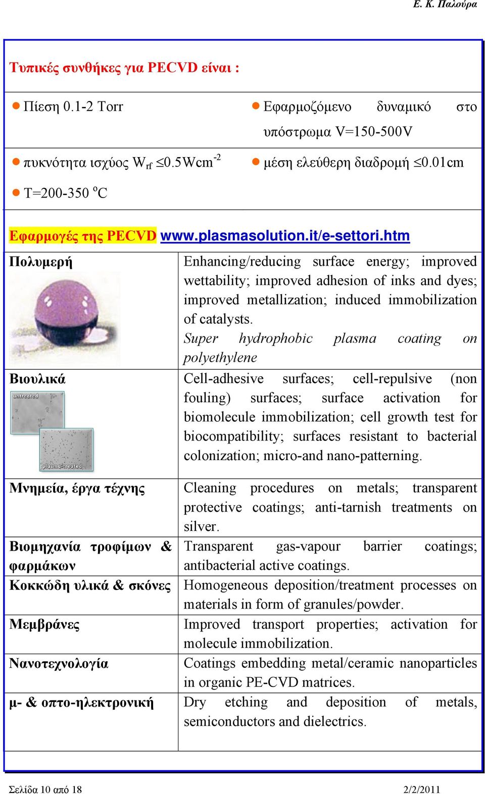 Super hydrophobic plasma coating on polyethylene Βιουλικά Cell-adhesive surfaces; cell-repulsive (non fouling) surfaces; surface activation for biomolecule immobilization; cell growth test for