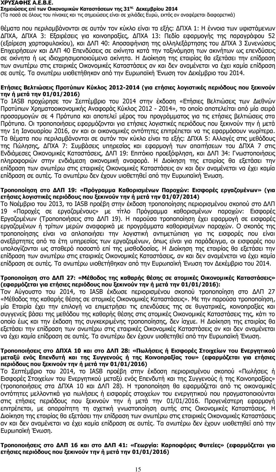 ιδιοχρησιμοποιούμενα ακίνητα. Η Διοίκηση της εταιρίας θα εξετάσει την επίδραση των ανωτέρω στις εταιρικές Οικονομικές Καταστάσεις αν και δεν αναμένεται να έχει καμία επίδραση σε αυτές.