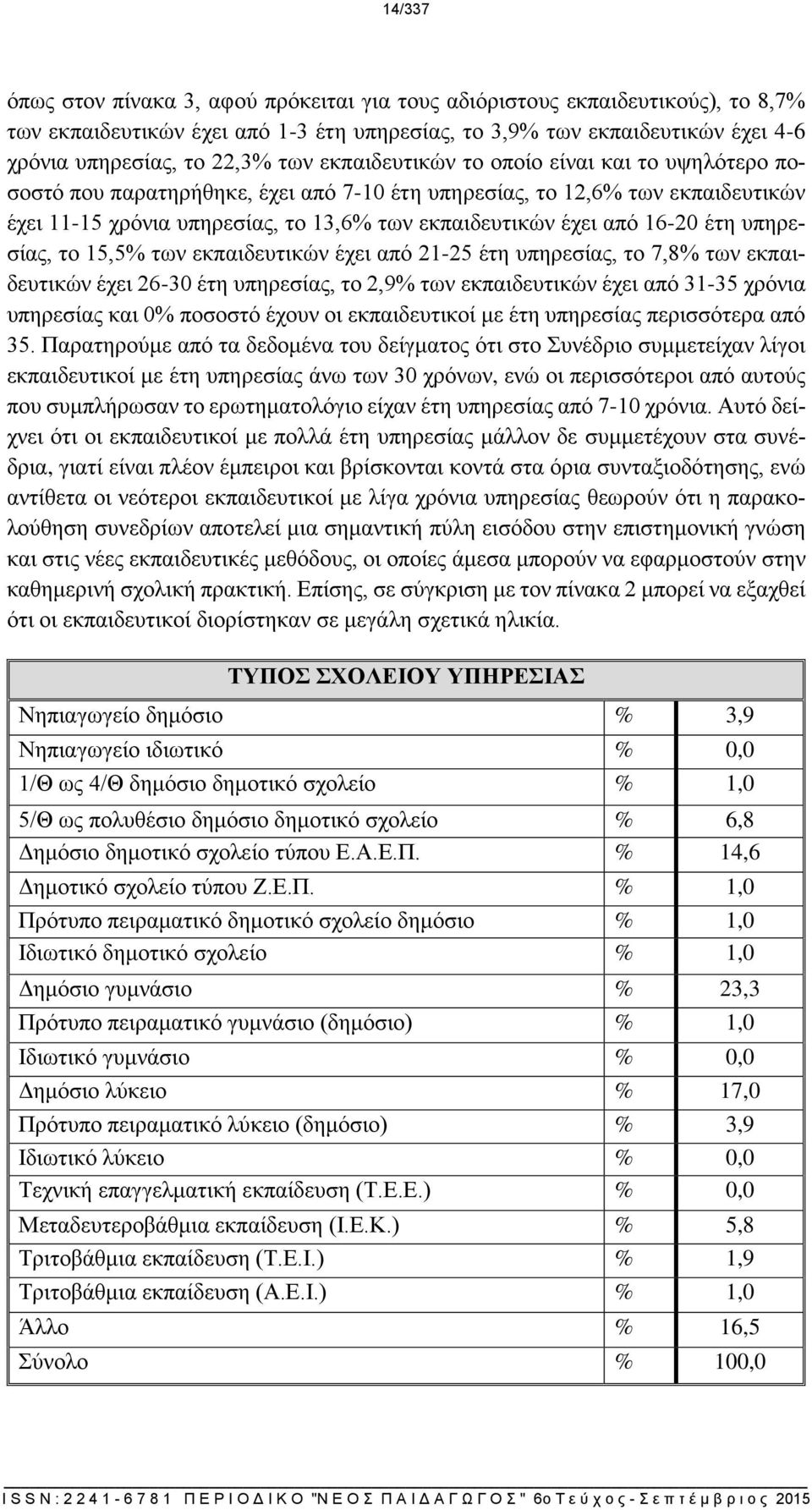 έτη υπηρεσίας, το 15,5% των εκπαιδευτικών έχει από 21-25 έτη υπηρεσίας, το 7,8% των εκπαιδευτικών έχει 26-30 έτη υπηρεσίας, το 2,9% των εκπαιδευτικών έχει από 31-35 χρόνια υπηρεσίας και 0% ποσοστό