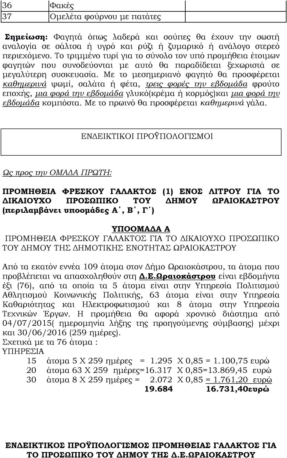 Με το μεσημεριανό φαγητό θα προσφέρεται καθημερινά ψωμί, σαλάτα ή φέτα, τρεις φορές την εβδομάδα φρούτο εποχής, μια φορά την εβδομάδα γλυκό(κρέμα ή κορμός)και μια φορά την εβδομάδα κομπόστα.