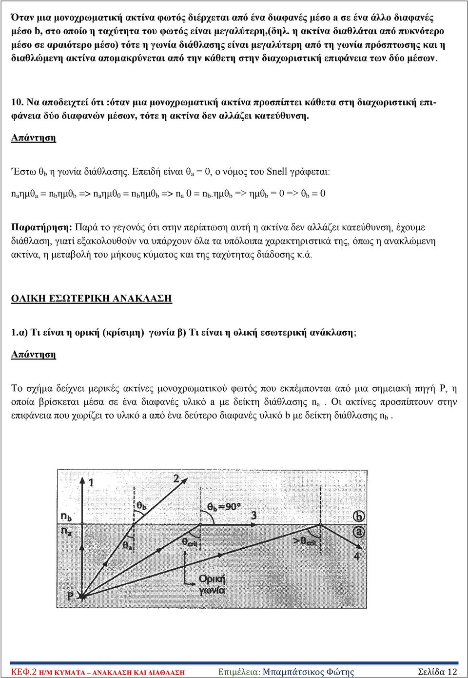 επηθάλεηα ηωλ δύν κέζωλ. 10. Να απνδεηρηεί όηη :όηαλ κηα κνλνρξωκαηηθή αθηίλα πξνζπίπηεη θάζεηα ζηε δηαρωξηζηηθή επηθάλεηα δύν δηαθαλώλ κέζωλ, ηόηε ε αθηίλα δελ αιιάδεη θαηεύζπλζε.