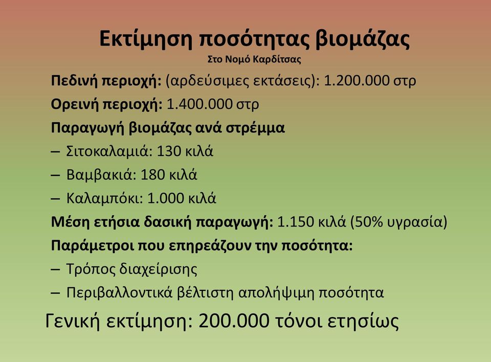 000 στρ Παραγωγή βιομάζας ανά στρέμμα Σιτοκαλαμιά: 130 κιλά Βαμβακιά: 180 κιλά Καλαμπόκι: 1.