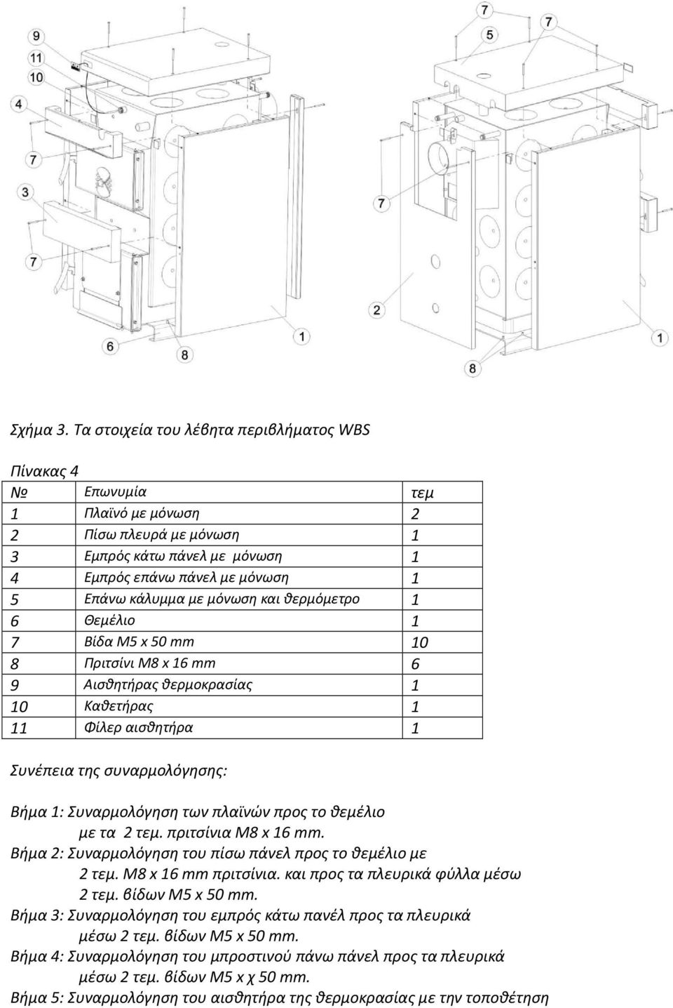 μόνωση και θερμόμετρο 1 6 Θεμέλιο 1 7 Βίδα M5 x 50 mm 10 8 Πριτσίνι M8 x 16 mm 6 9 Αισθητήρας θερμοκρασίας 1 10 Καθετήρας 1 11 Φίλερ αισθητήρα 1 Συνέπεια της συναρμολόγησης: Βήμα 1: Συναρμολόγηση των