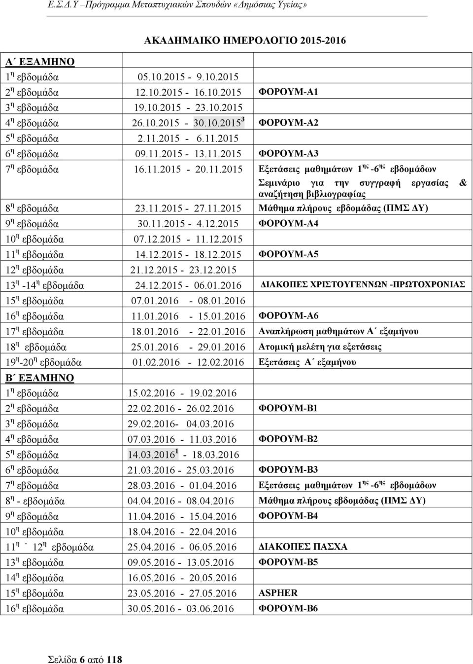 11.2015-27.11.2015 Μάθημα πλήρους εβδομάδας (ΠΜΣ ΔΥ) 9 η εβδομάδα 30.11.2015-4.12.2015 ΦΟΡΟΥΜ-A4 10 η εβδομάδα 07.12.2015-11.12.2015 11 η εβδομάδα 14.12.2015-18.12.2015 ΦΟΡΟΥΜ-A5 12 η εβδομάδα 21.12.2015-23.