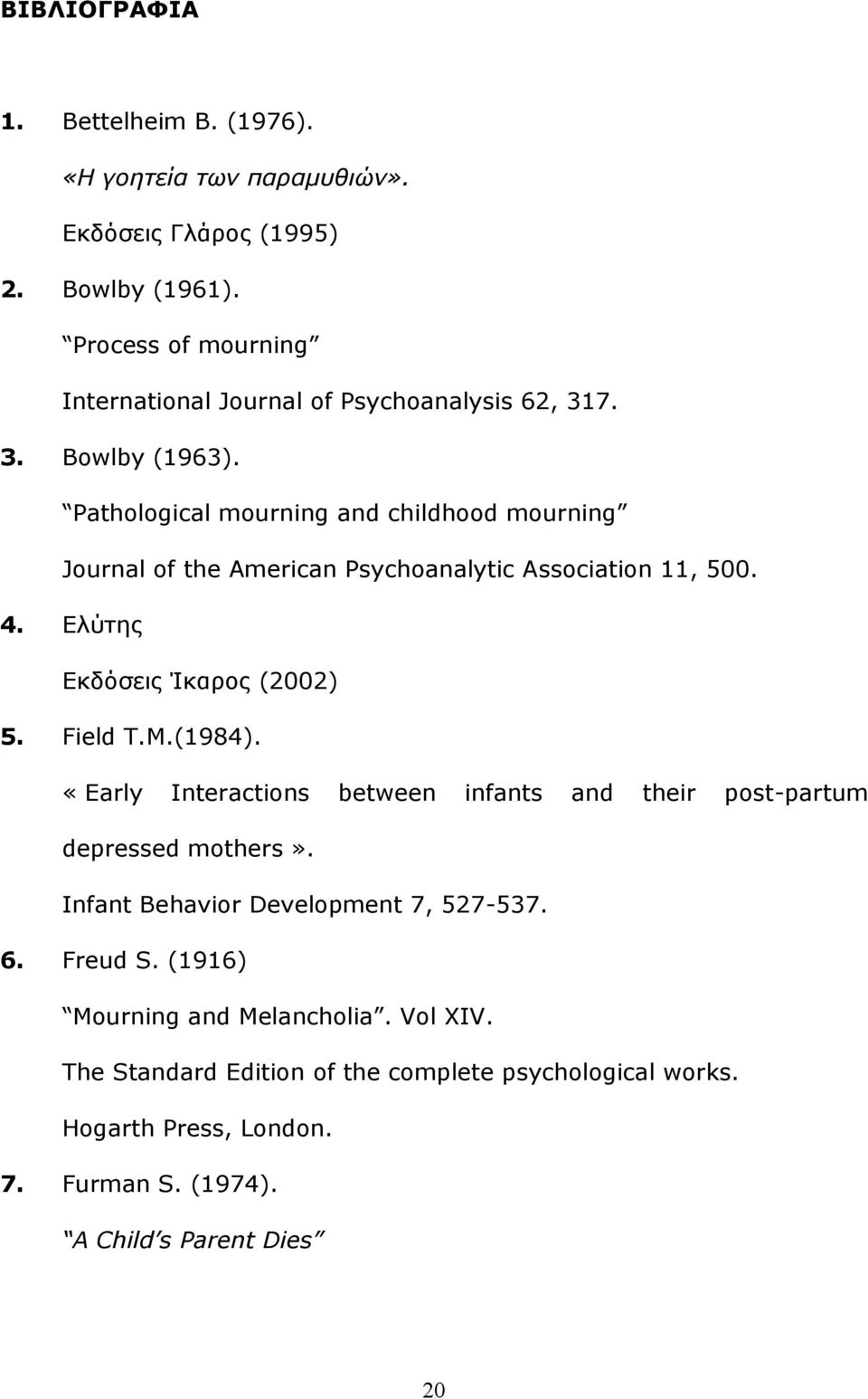 Pathological mourning and childhood mourning Journal of the American Psychoanalytic Association 11, 500. 4. Διχηεο Δθδφζεηο Ίθαξνο (2002) 5. Field T.M.(1984).