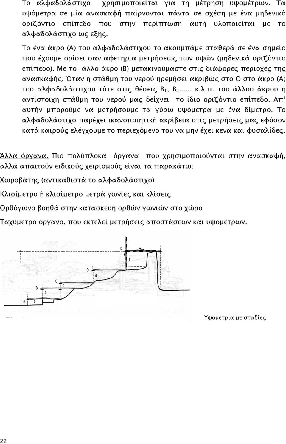 Το ένα άκρο (Α) του αλφαδολάστιχου το ακουμπάμε σταθερά σε ένα σημείο που έχουμε ορίσει σαν αφετηρία μετρήσεως των υψών (μηδενικά οριζόντιο επίπεδο).