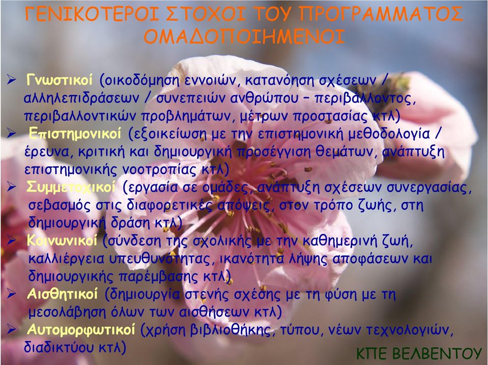ανάπτυξη σχέσεων συνεργασίας, σεβασμός στις διαφορετικές απόψεις, στον τρόπο ζωής, στη δημιουργική δράση κτλ) Κοινωνικοί (σύνδεση της σχολικής με την καθημερινή ζωή, καλλιέργεια υπευθυνότητας,