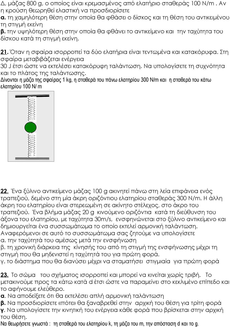 την υψηλότερη θέση στην οποία θα φθάνει το αντικείμενο και την ταχύτητα του δίσκου κατά τη στιγμή εκείνη. 21. Όταν η σφαίρα ισορροπεί τα δύο ελατήρια είναι τεντωμένα και κατακόρυφα.