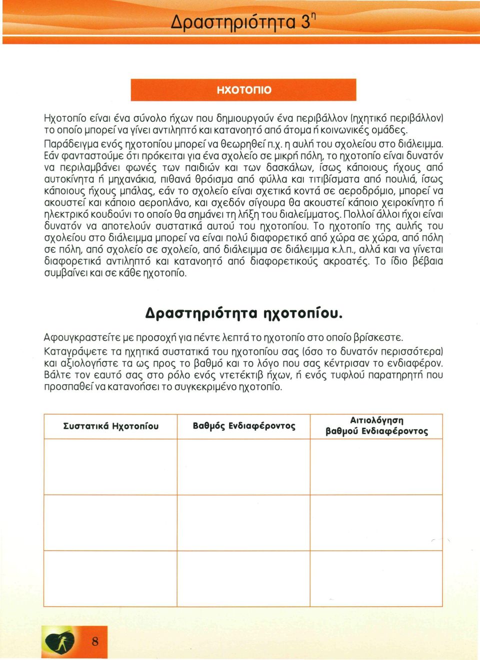 Εάν φανταστούμε ότι πρόκειται για ένα σχολείο σε μικρή πόλη, το ηχοτοπίο είναι δυνατόν να περιλαμβάνει φωνές των παιδιών και των δασκάλων, ίσως κάποιους ήχους από αυτοκίνητα ή μηχανάκια, πιθανά