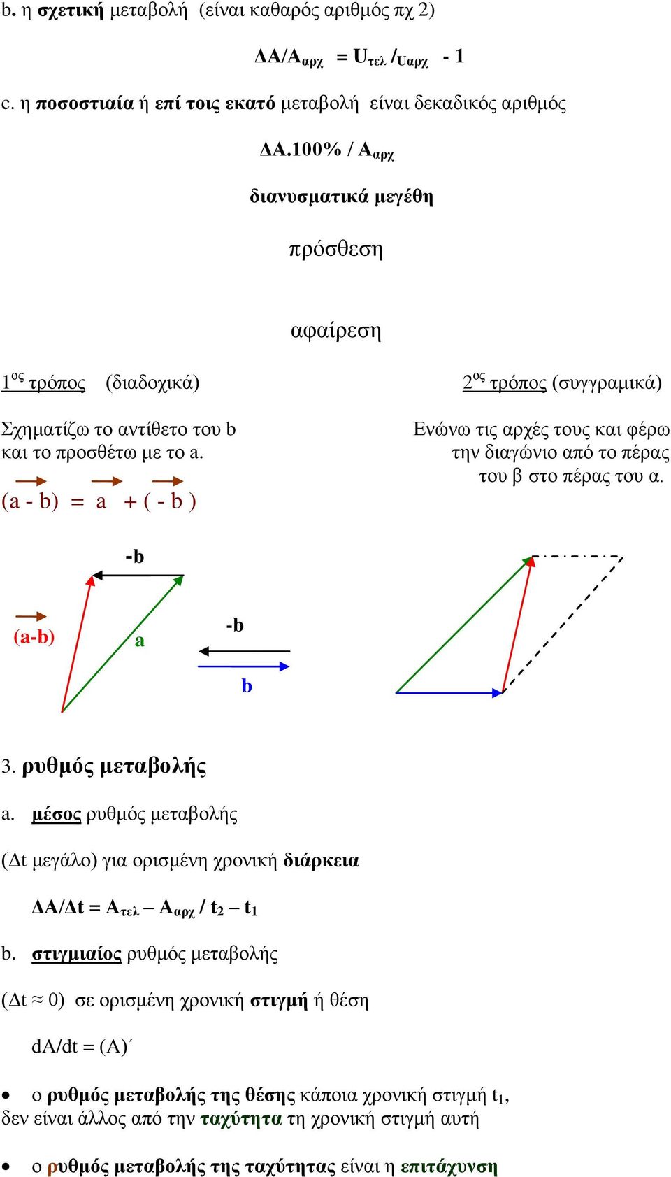 (a - b) = a + ( - b ) Ελώλσ ηηο αξρέο ηνπο θαη θέξσ ηελ δηαγώλην από ην πέξαο ηνπ β ζην πέξαο ηνπ α. -b (a-b) a -b b 3. ξπζκόο κεηαβνιήο a.