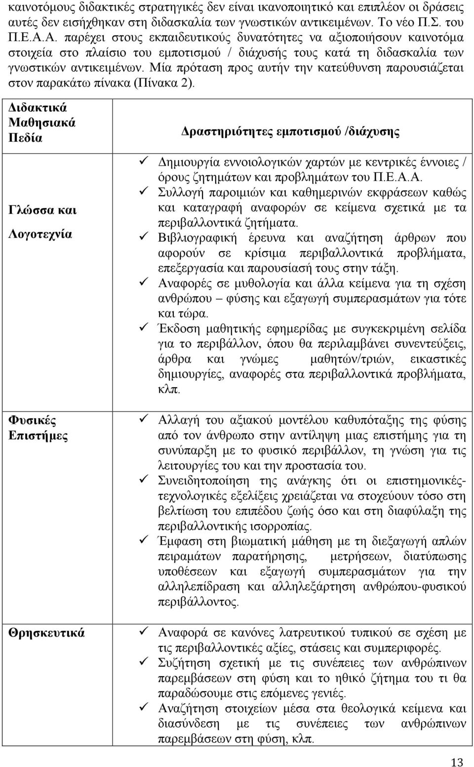 Μία πρόταση προς αυτήν την κατεύθυνση παρουσιάζεται στον παρακάτω πίνακα (Πίνακα 2).