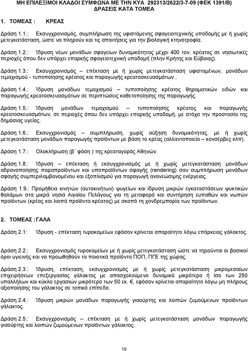 Δράση 1.2.: Ίδρυση νέων μονάδων σφαγείων δυναμικότητας μέχρι 400 τον. κρέατος σε νησιωτικές περιοχές όπου δεν υπάρχει επαρκής σφαγειοτεχνική υποδομή (πλην Κρήτης και Εύβοιας). Δράση 1.3.